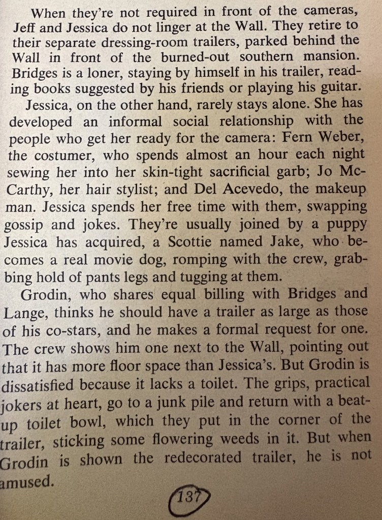 Text excerpt from a story about Jeff and Jessica on a movie set, describing their interactions, trailer arrangements, and a puppy named Jake.