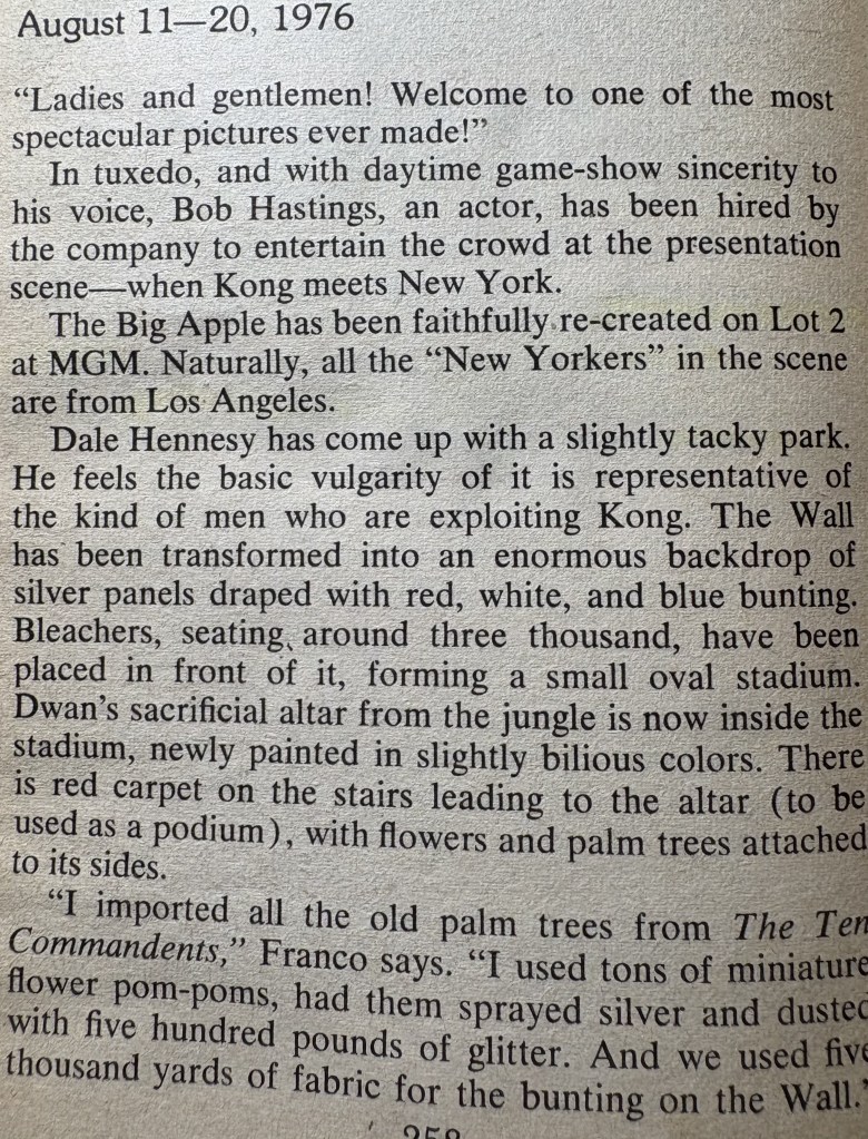 Close-up of a page from a vintage book featuring a description of a theatrical presentation from August 1976, discussing preparations for a scene set in New York, including details about stage design and decor.