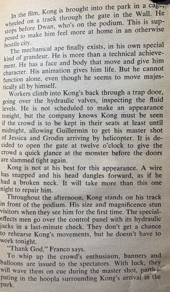 Text from a document discussing a film featuring a mechanical ape named Kong, detailing his introduction into a park, the preparations for his appearance, and the technical issues he faces.