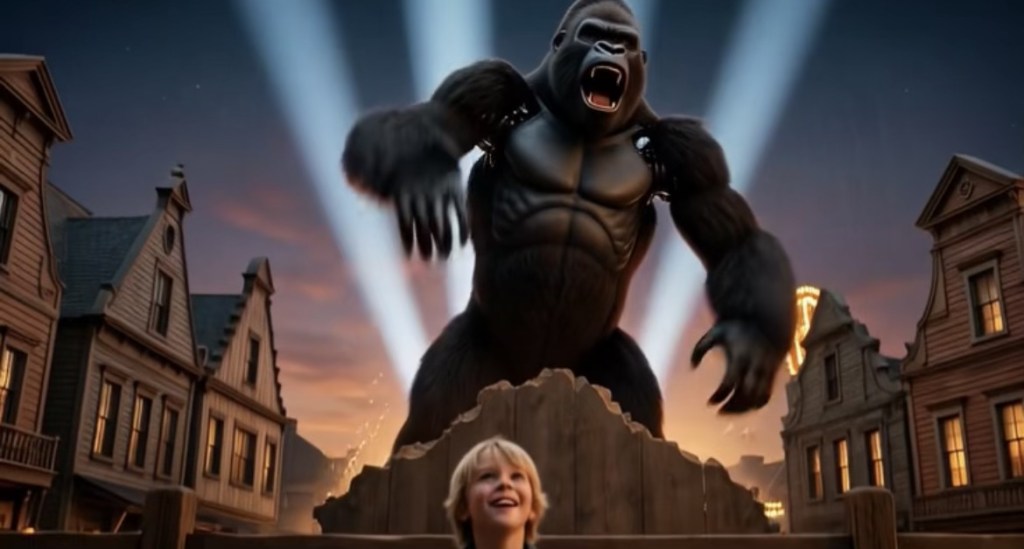 A large gorilla towers over a little boy in a whimsical town setting, with lights shining down from above.