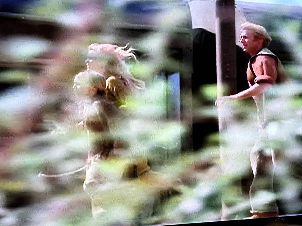 A man and a woman running beside a train, partially obscured by foliage.