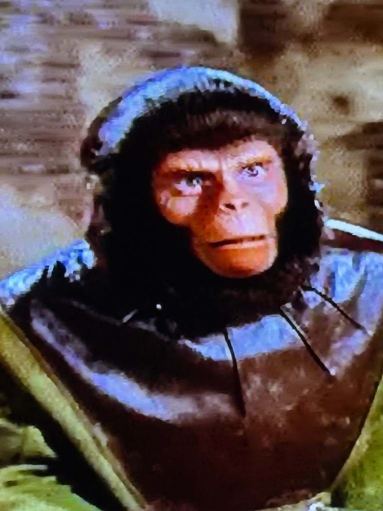 A close-up of a character resembling a humanoid ape, wearing a dark hooded cloak, with distinct facial features, including fur and expressive eyes.