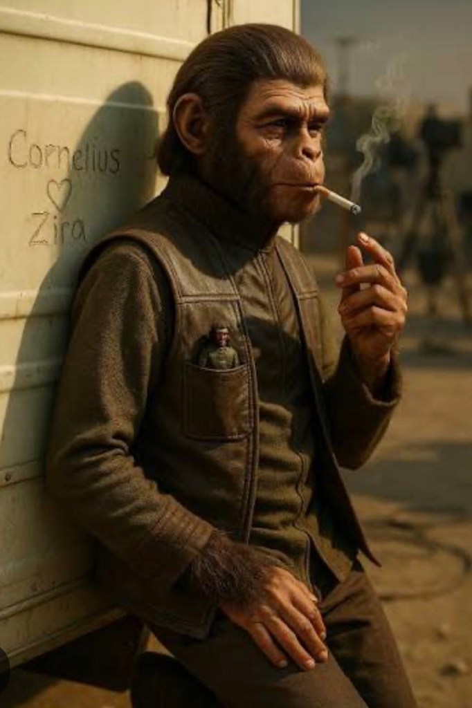 A thoughtful ape sitting against a wall, smoking a cigarette, with a pocket featuring a small figurine. Graffiti on the wall reads 'Cornelius ♥ Zira'.