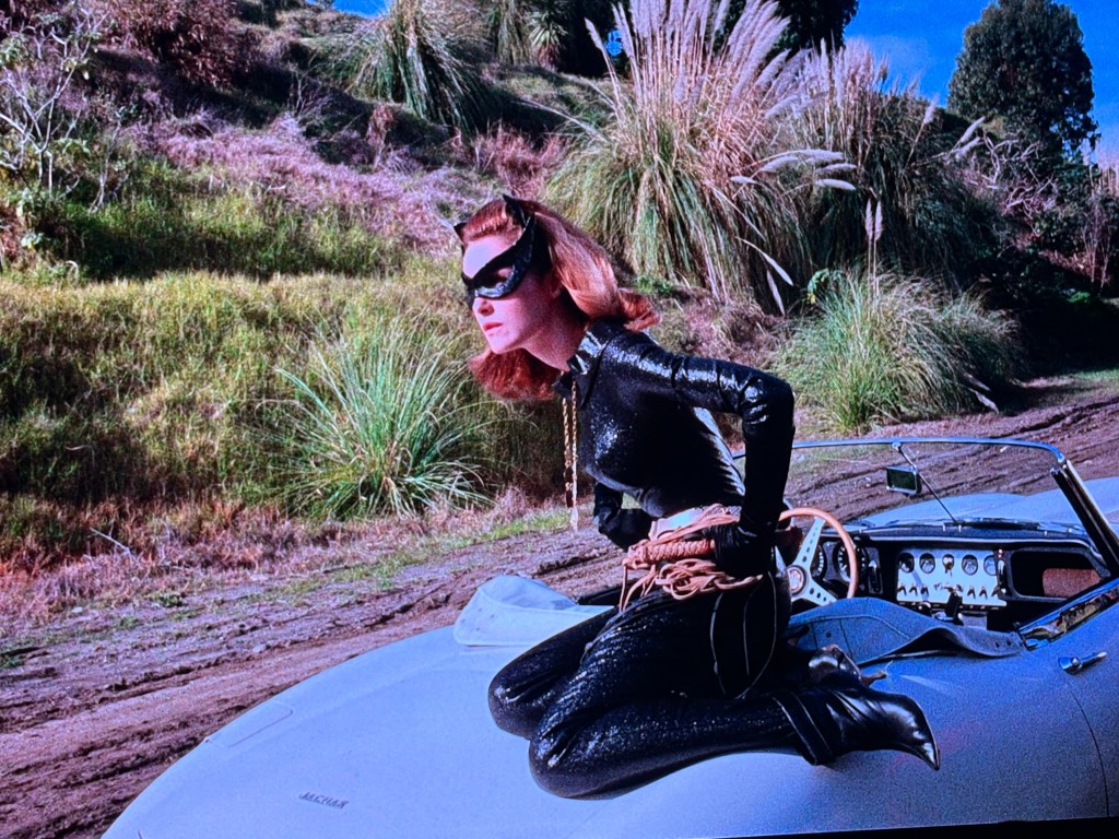 A woman in a black catsuit and mask, striking a dynamic pose on the hood of a vintage convertible car, set against a natural landscape.