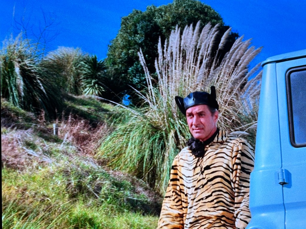 A man dressed in a tiger-striped outfit stands next to a blue van against a backdrop of lush greenery and blue sky.
