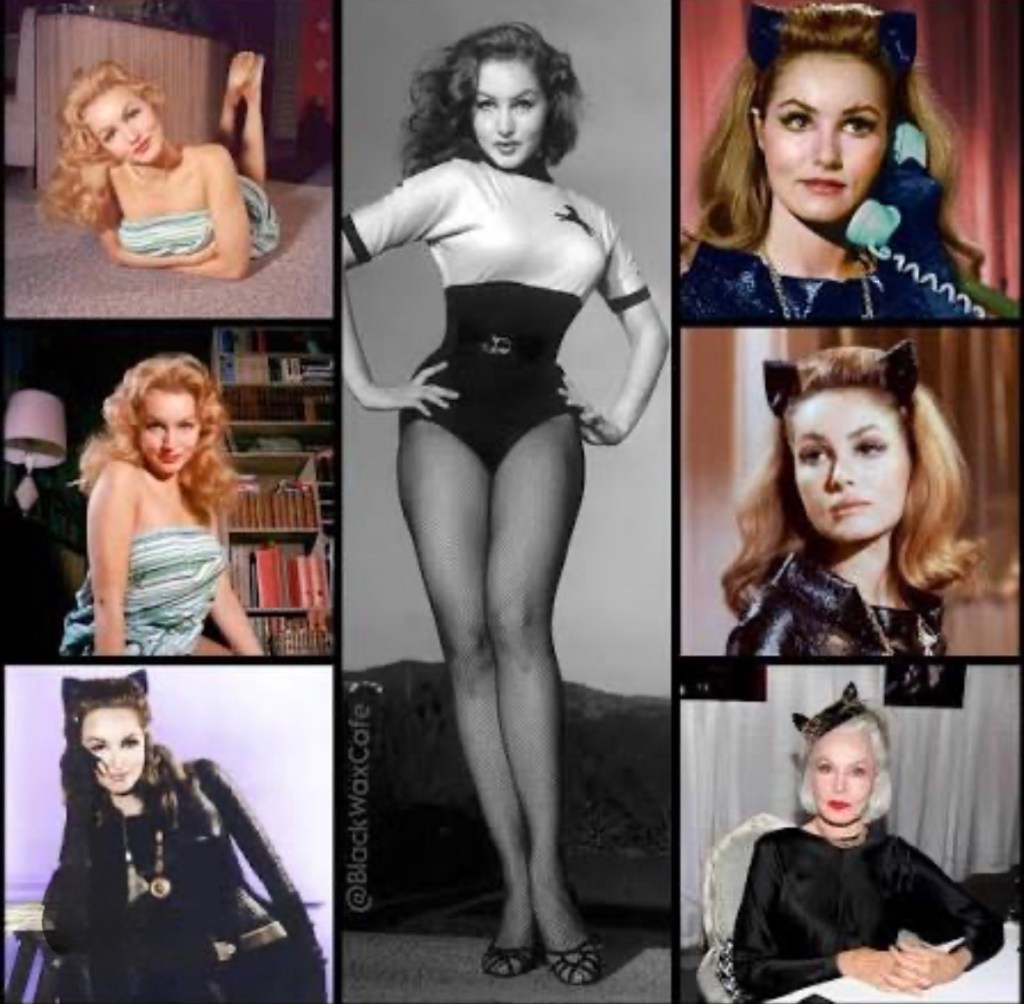 A collage of black and white and color images featuring women in various poses and outfits, showcasing vintage styles and themes, including swimwear, casual attire, and playful cat-inspired looks.