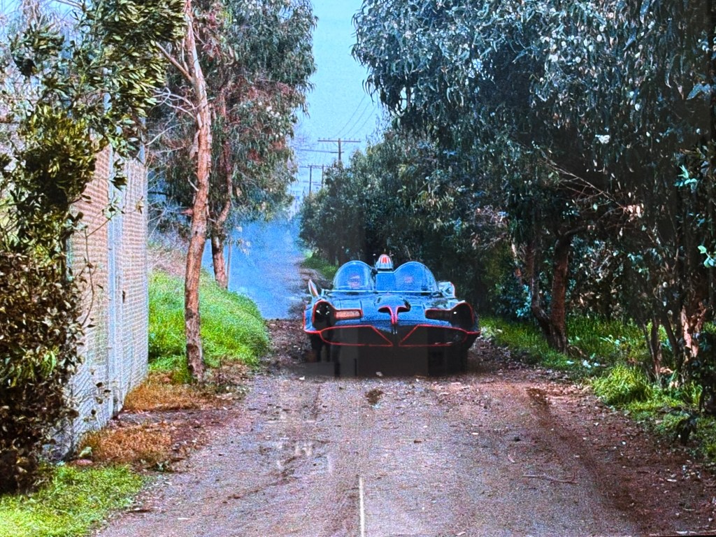 A classic car driving down a narrow, tree-lined dirt road, surrounded by lush greenery.