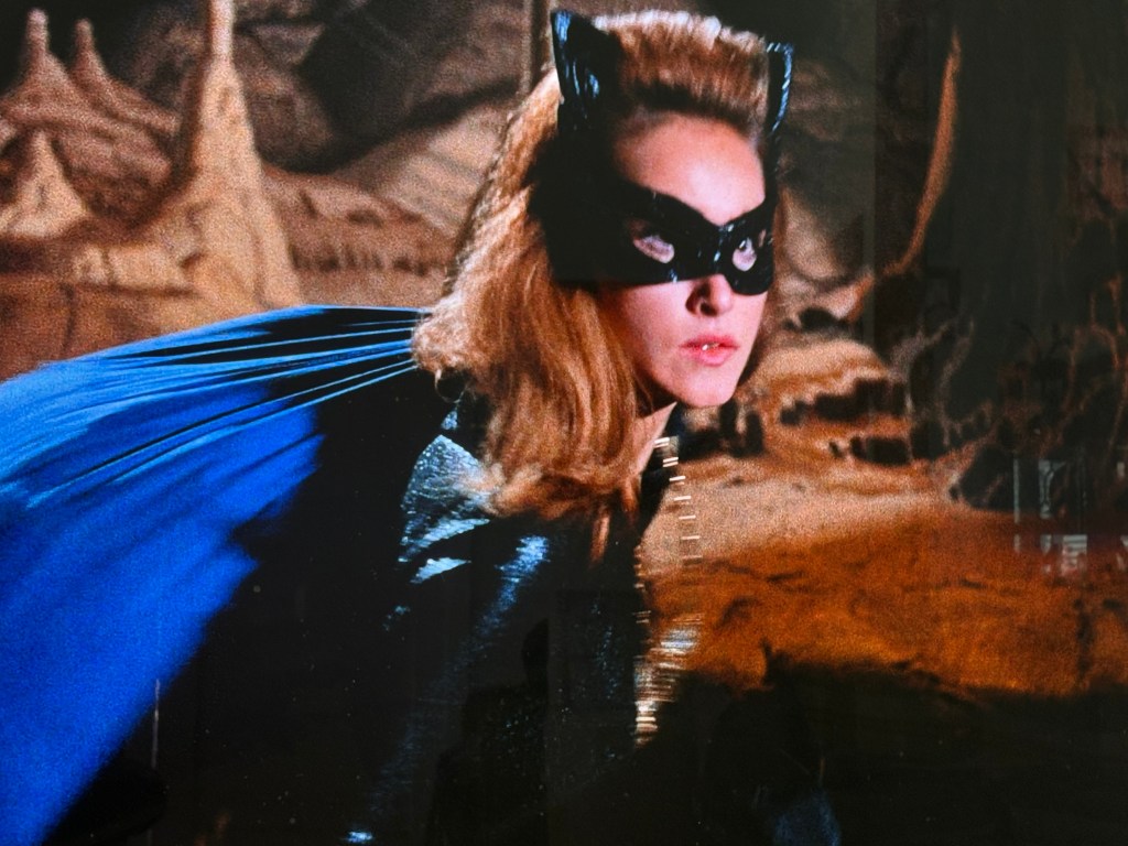 A woman dressed as a superhero with a black mask and a blue cape, set against a rocky background.