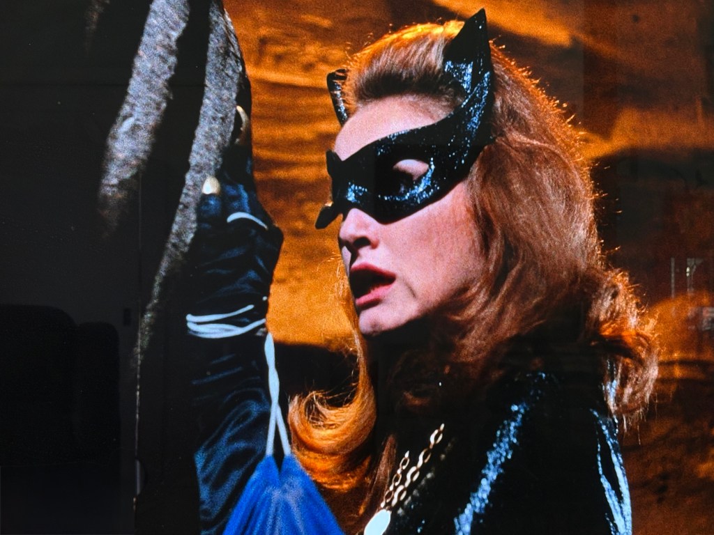 A woman dressed as a cat-themed superhero with a black mask and shiny outfit, looking dramatically to the side against a dark, illuminated background.