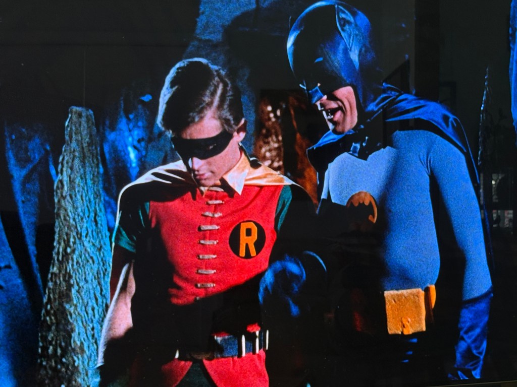Batman and Robin discussing in a cave setting, with Batman wearing a blue costume and Robin in a red and green outfit.