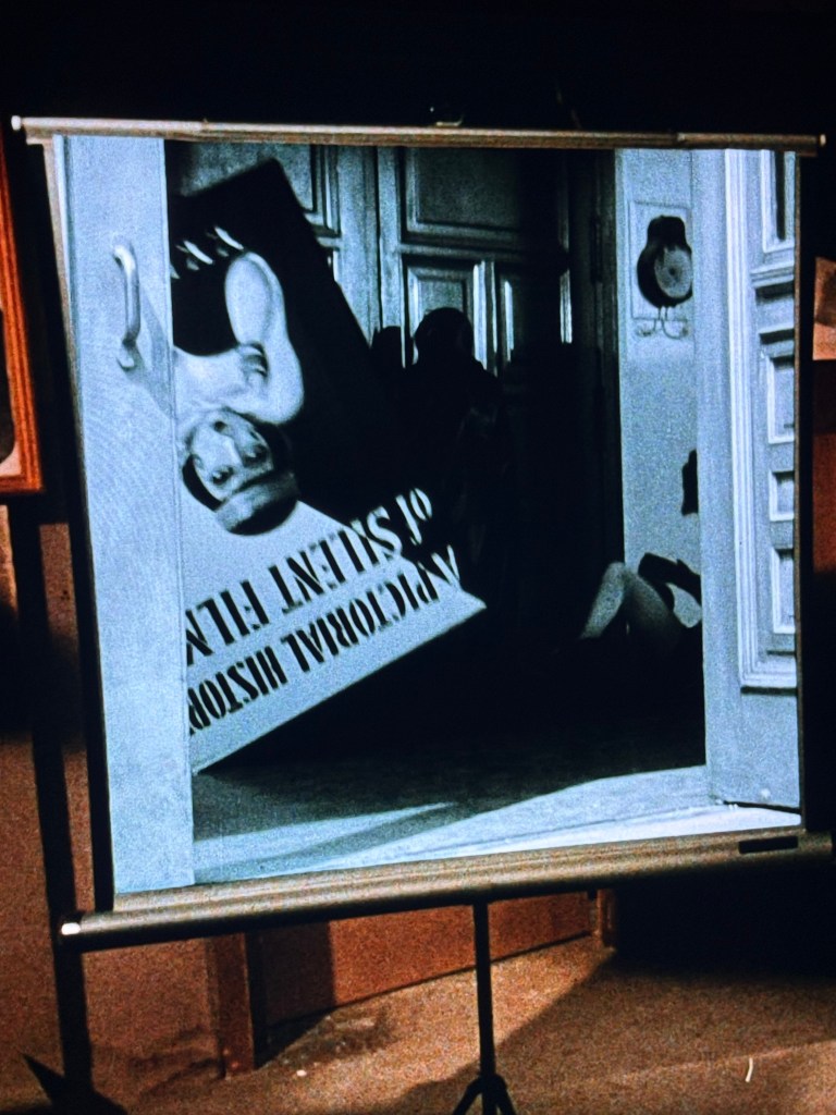 A large projection showing an image of a woman and text that reads 'NATIONAL HISTORY OF SILENT FILM' displayed in a gallery setting, with a door and other artworks partially visible.