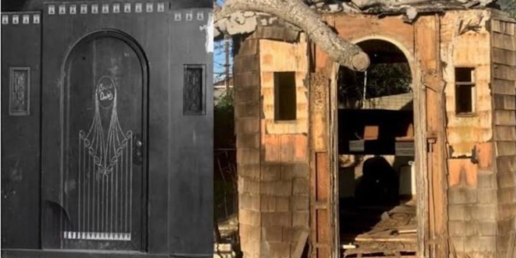 A comparison of two structures: on the left, an ornate black door with decorative details, and on the right, a dilapidated wooden building with an open entrance, showing signs of decay and damage.