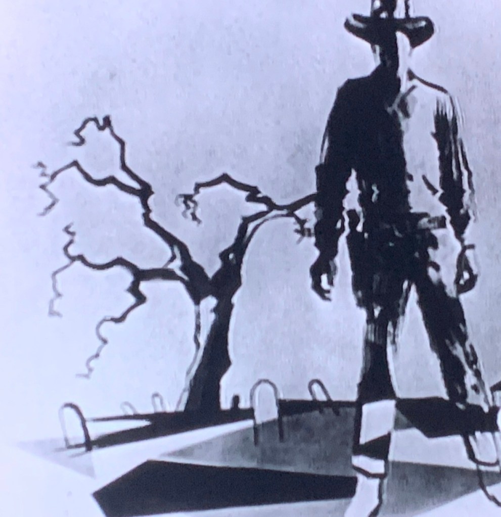 A silhouetted figure of a man wearing a hat stands in a graveyard, with barren trees and gravestones in the background.