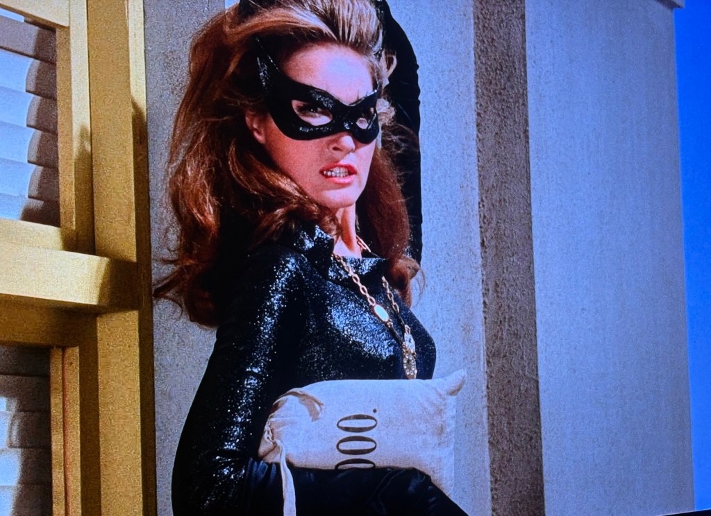 A woman dressed as a cat burglar wearing a black mask and shiny outfit, posing with a bag labeled '000' in front of a building.
