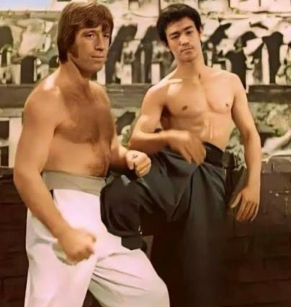 Two shirtless men posing in a stylized setting, one in white martial arts pants and the other in black, with a historic background.