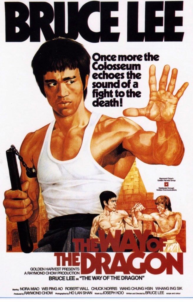 Movie poster for 'The Way of the Dragon' featuring Bruce Lee, showcasing intense martial arts action and dramatic imagery.