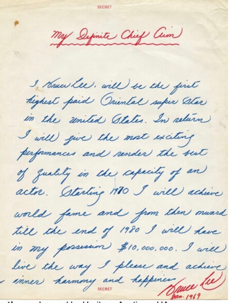 A handwritten letter titled 'My Definite Chief Aim', featuring blue ink on off-white paper, expressing aspirations of becoming a highly paid actor and achieving world fame.