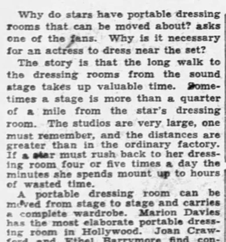 An article discussing the necessity of portable dressing rooms for film stars to save time during filming due to large studio sizes and distance between sets and dressing rooms.