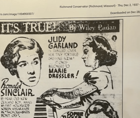 An old newspaper advertisement featuring illustrations of Judy Garland and a young girl playing the piano, with a headline that reads 'IT'S TRUE' and text discussing Judy Garland.