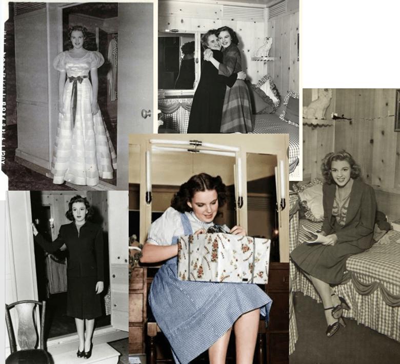 A collage of vintage black-and-white and color photographs featuring a woman in various outfits, including a formal gown, casual dresses, and a blazer, depicted in different indoor settings. Some images show her with another woman, while others display her alone, sitting or standing.