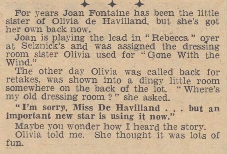 A vintage newspaper clipping featuring an article about Joan Fontaine and Olivia de Havilland, discussing Fontaine's role in 'Rebecca' and a humorous encounter regarding De Havilland's old dressing room.