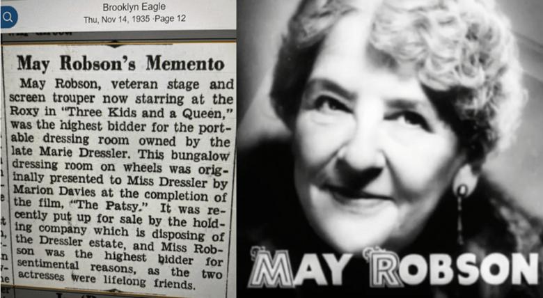 An article titled 'May Robson's Memento' discussing actress May Robson, along with a black and white portrait of her. The text highlights her career and a dressing room associated with her friend, actress Marie Dressler.