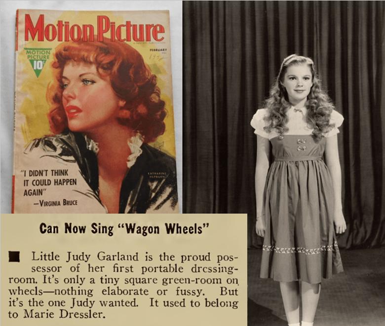 A vintage magazine cover of Motion Picture featuring a woman with curly red hair and the caption 'I Didn't Think It Could Happen Again' by Virginia Bruce, alongside a black and white image of a young girl, Judy Garland, in a dress, standing in front of a plain backdrop. Below, there is a text block discussing Garland's portable dressing room that belonged to Marie Dressler.