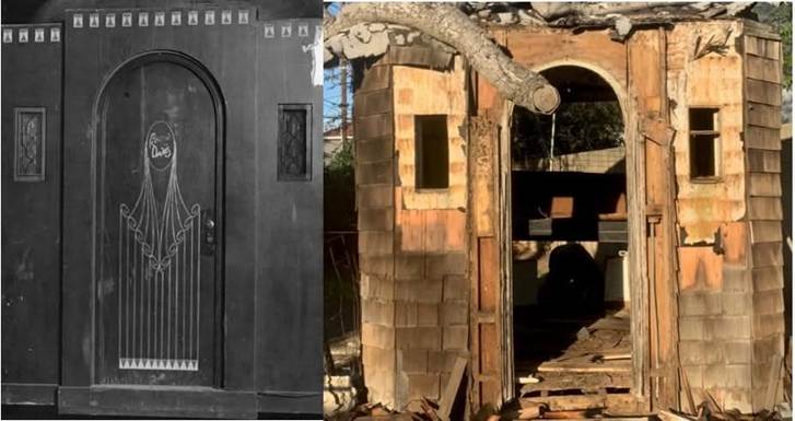 A decorative black door with intricate designs on the left, and a dilapidated entrance of an abandoned structure made of wood on the right.