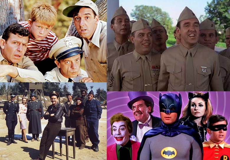 A collage of classic television scenes featuring characters from various shows, including a humorous moment with a group in military uniforms, and recognizable superheroes with villains.
