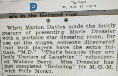 A newspaper article from 'The Mirror' dated February 28, 1931, discussing Marion Davies presenting Marie Dressler with a portable star dressing room and noting that both actresses share the same initials 'M.D.'