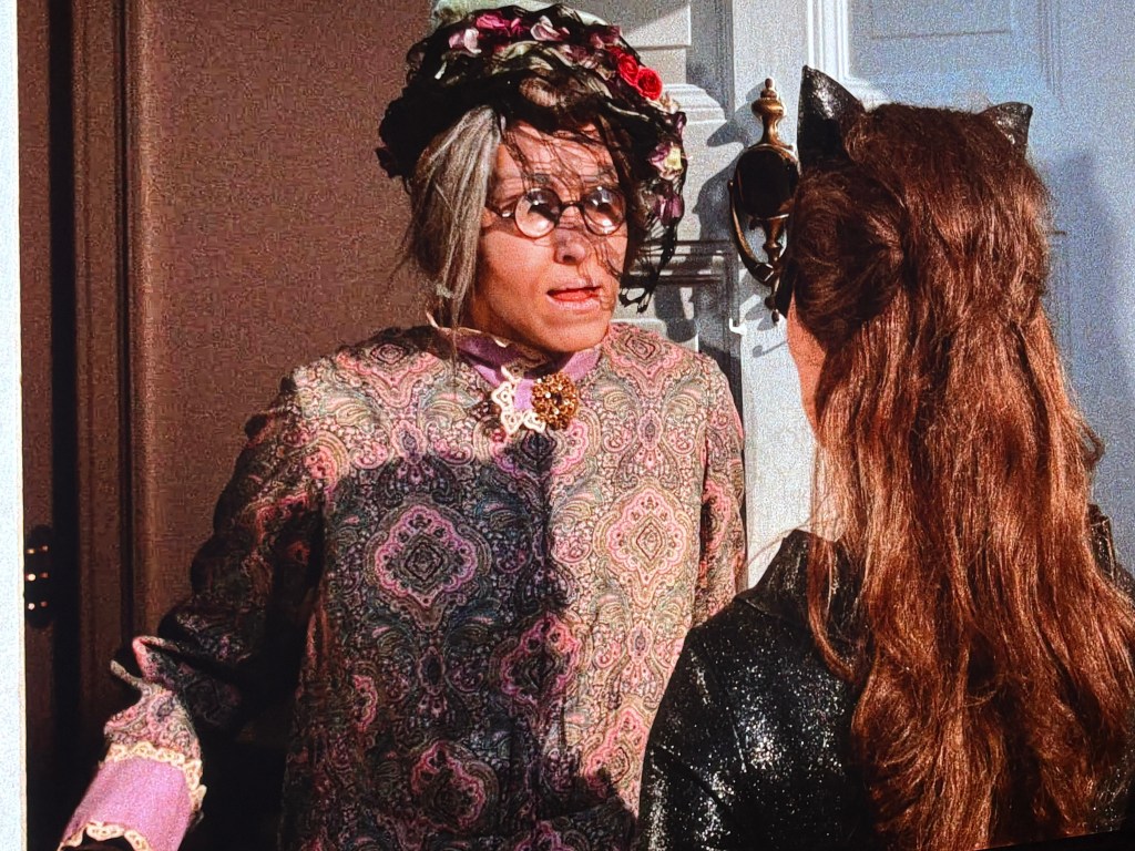 A person dressed in a floral-patterned robe and headscarf, wearing glasses, converses with a woman in a black outfit with cat ears, standing at a door.