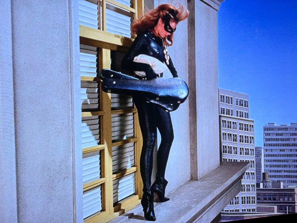 A character in a black catsuit and mask is perched on a ledge outside a building, holding a large, distinctive item. The scene is set against a clear blue sky with city buildings in the background.