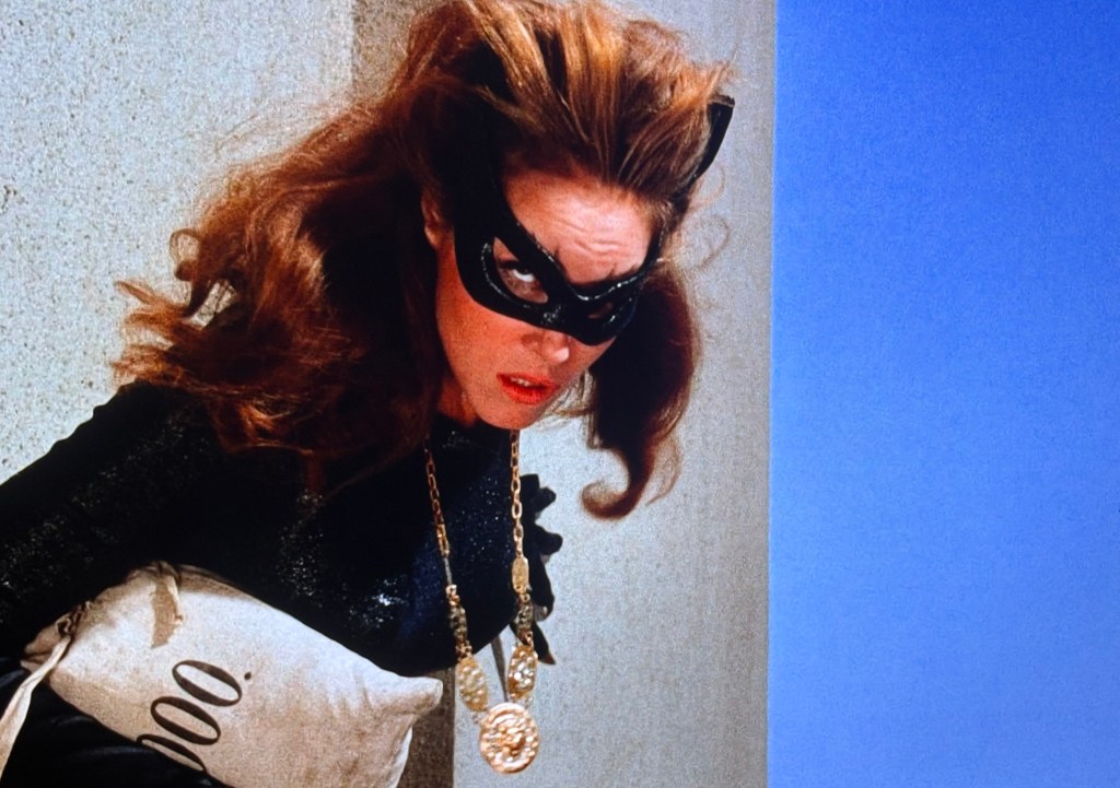 A woman dressed as a cat burglar wearing a black mask and outfit, holding a bag labeled '1000.' Her hair is long and wavy, and the background features a blue sky.