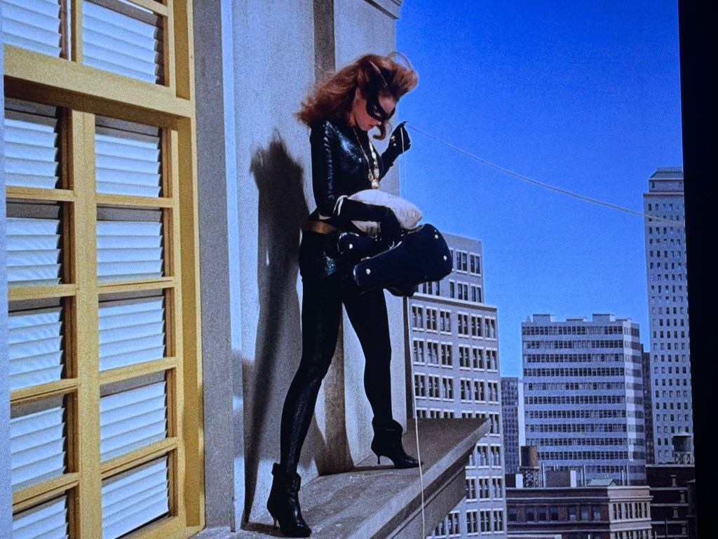 A female superhero in a black catsuit poses on a high ledge of a building, overlooking a city skyline with high-rise buildings and clear blue skies.