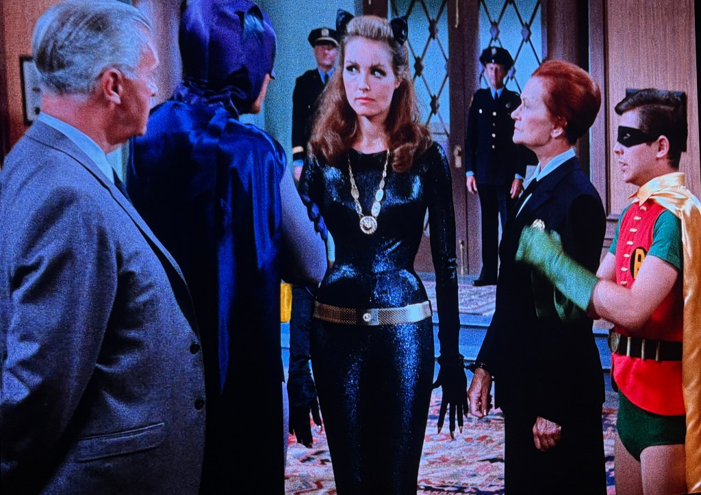 A scene featuring multiple characters including a woman in a black cat costume, a man in a cape, and a young boy dressed as Robin, standing in a room with law enforcement officers in the background.