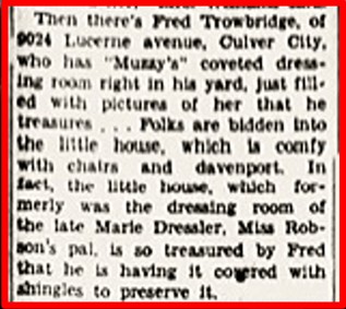 A newspaper clipping discussing Fred Trowbridge's house in Culver City, featuring details about a cherished dressing room filled with pictures.