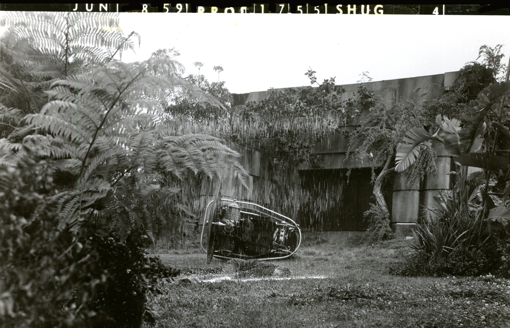 Black and white photo of a toppled vehicle in a lush garden, featuring ferns and tropical plants, with a modern structural background.