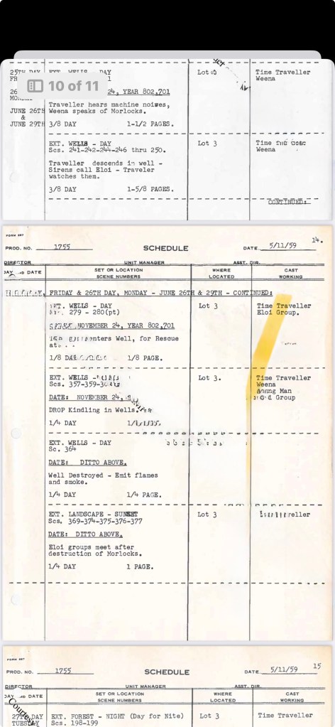 Image of a typed schedule document with various scene descriptions and details for the film 'Time Traveller'. Contains sections labeled with dates, scene descriptions, and notes about filming locations and actions.