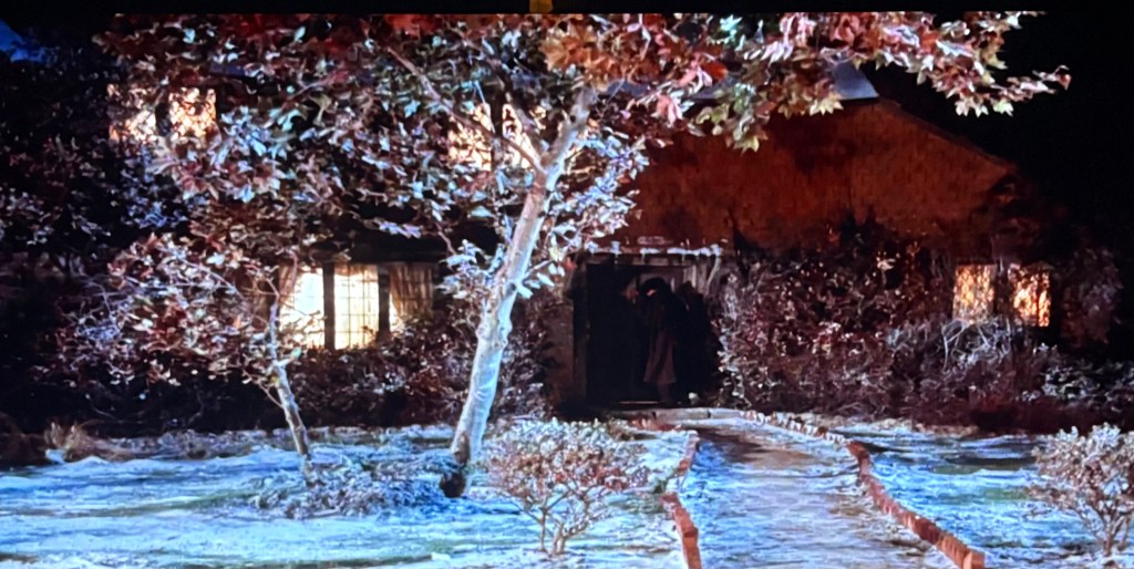 A cozy cottage surrounded by trees in autumn foliage, with a snow-covered path leading to the entrance at night.