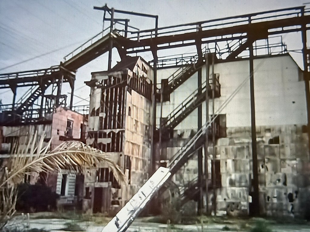 A wide shot of a dilapidated industrial building with exposed brickwork and metal staircases, showcasing signs of decay and neglect, surrounded by overgrown vegetation.
