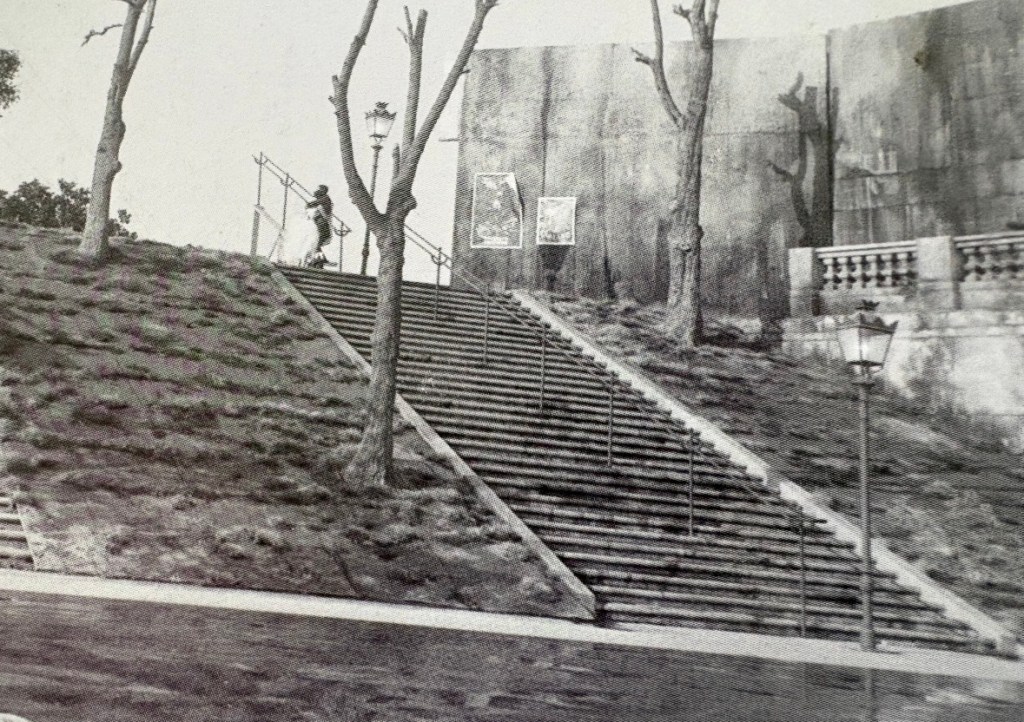 A black and white image of a person walking up steps in a park-like setting with bare trees and lampposts.