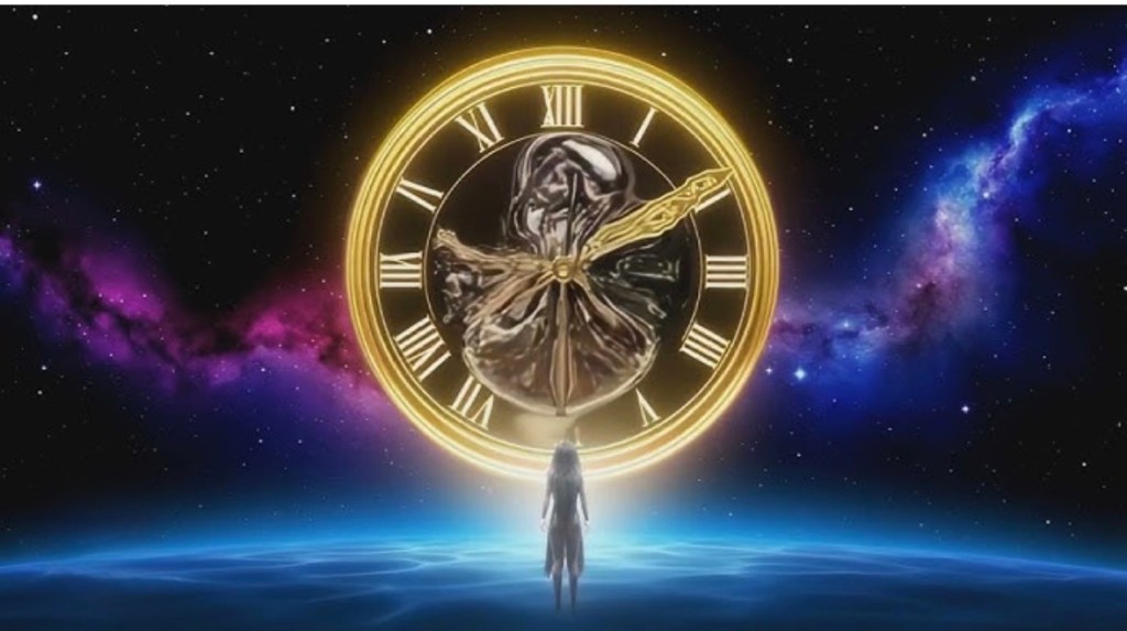 A figure stands in front of a large golden clock set against a starry cosmic background, symbolizing the passage of time.