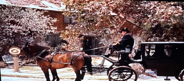 A horse-drawn carriage parked in front of a house surrounded by autumn foliage, with a driver in a hat sitting on the carriage.