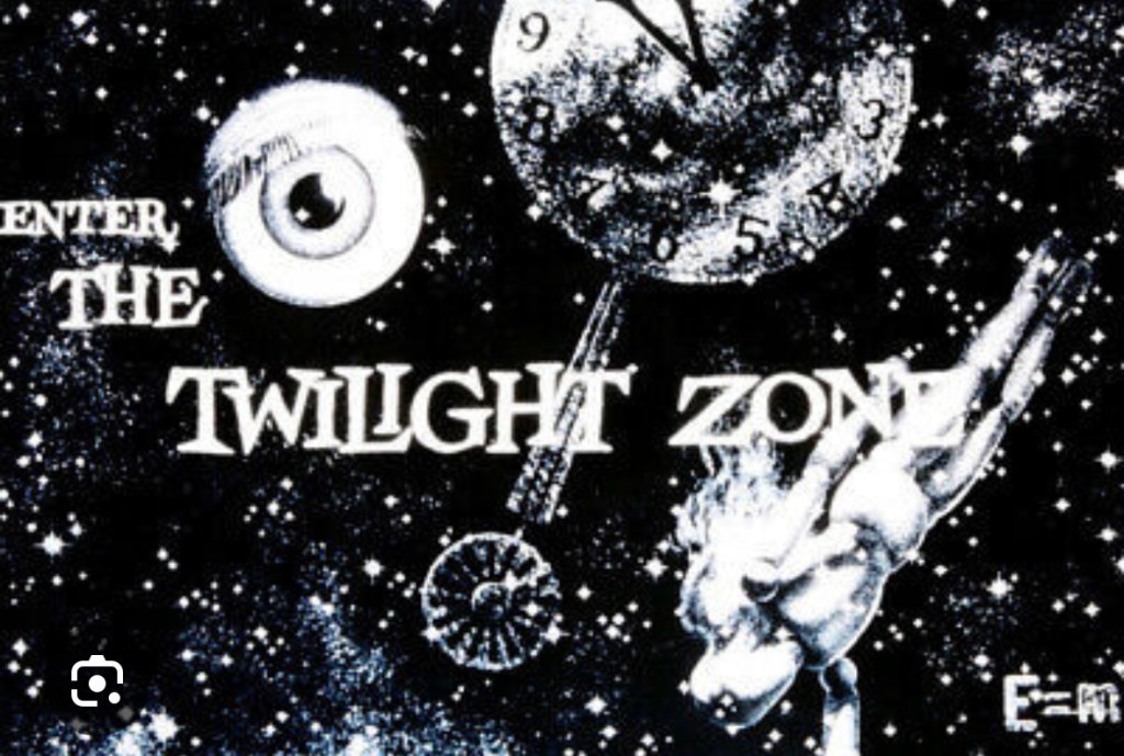 A creative depiction of the 'Twilight Zone' featuring a large eye, a clock, and a figure floating in a starry background.