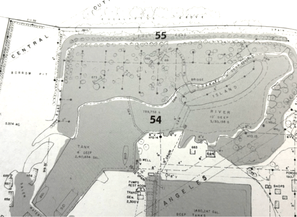 Detailed topographic map showing various features such as a river, an island, and tank areas, labeled with numbers and annotations.