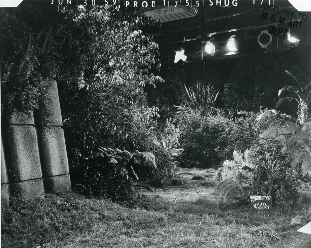 A black and white photograph of a film set resembling a dense forest, featuring large stone structures and various types of foliage. Visible lighting equipment is mounted above, indicating stage production.