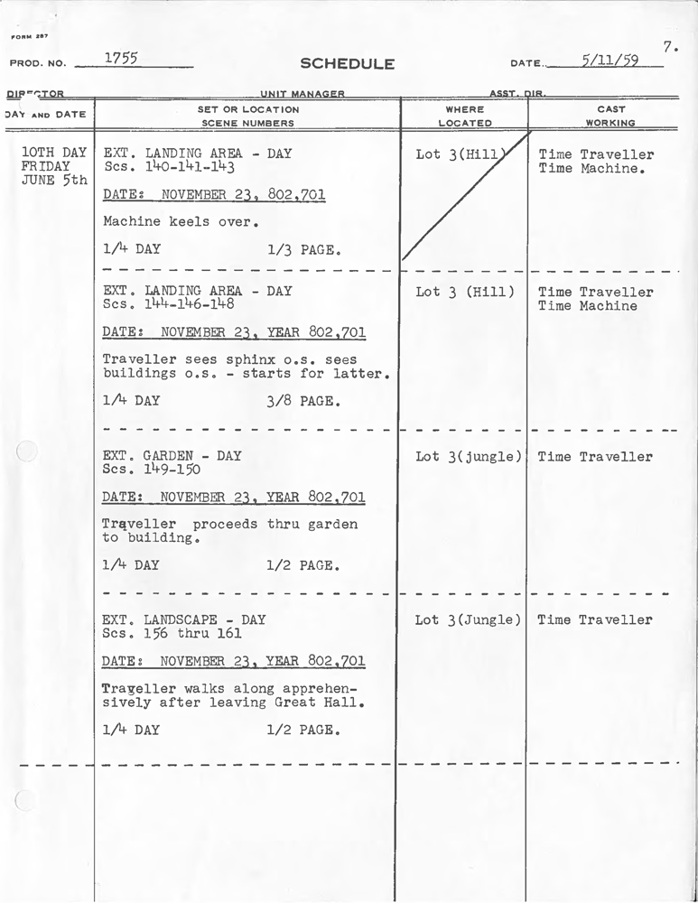 Film schedule document outlining scenes, locations, and dates for filming, specifically for a time travel-related project.
