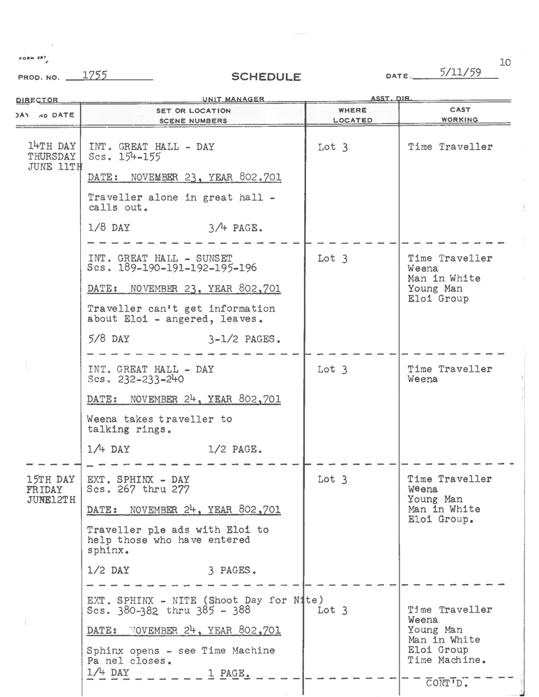 A production schedule page detailing scenes from a film set in a great hall and a sphinx, with dates, scene numbers, and cast members including the Time Traveller and Weena.