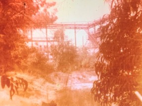 A faded and discolored image showing a landscape with trees and a background structure partially obscured by foliage.