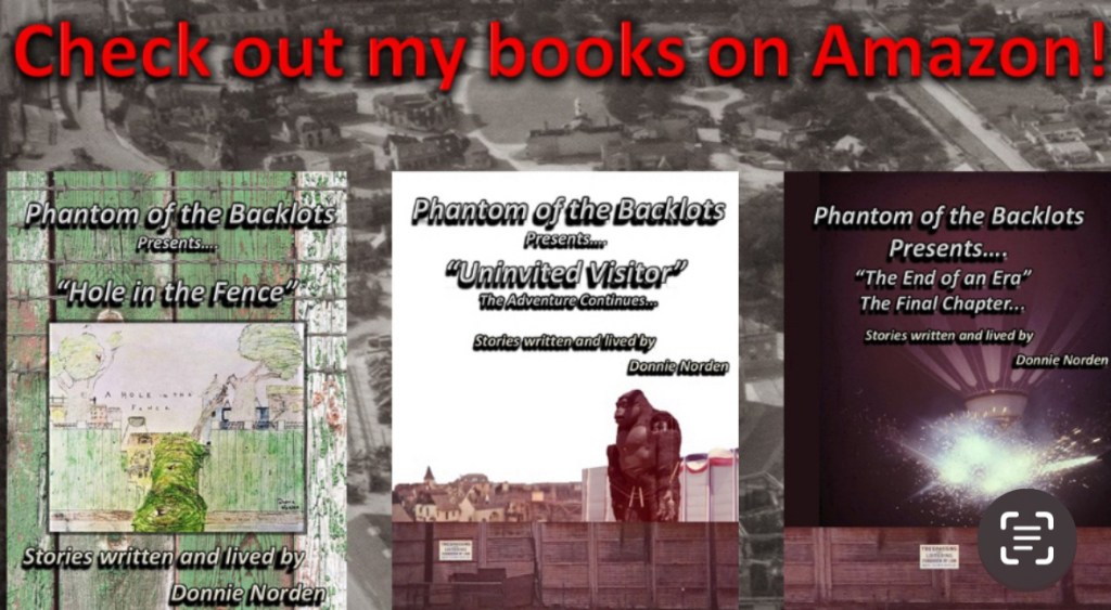 An advertisement showcasing three book covers from the series 'Phantom of the Backlots,' including 'Hole in the Fence,' 'Uninvited Visitor,' and 'The End of an Era.' The text encourages viewers to check out the books on Amazon.